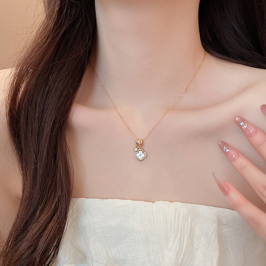18k real gold plated zircon mother-of-pearl lucky flower necklace and bracelet set for women, niche high-end designer jewelry - view 4