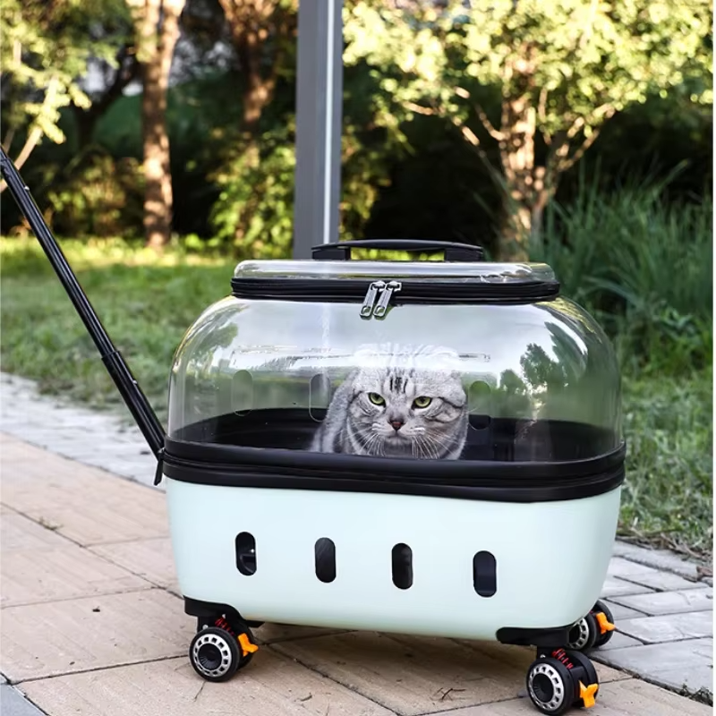 LBY Space Capsule Rolling Cat Carrier with Wheels, Telescopic Pull Rod Pet Trolley, Large Space Breathable Transparent Dog Travel Crate for Outdoor Wa