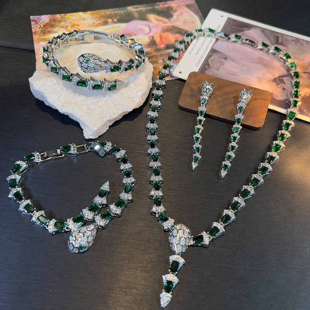 Designer Womens Emerald Green Snake Set Luxury Cubic Zirconia Heavy Craft Statement Necklace Earrings Bracelet Brand Premium Party Fashion Accessories - view 3