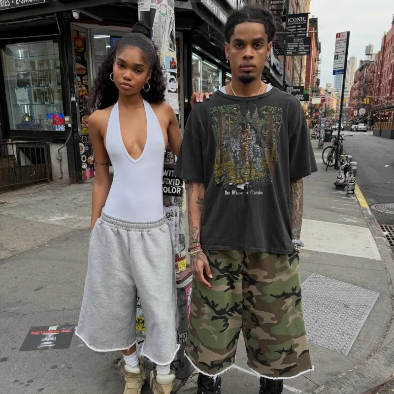 Camouflage Baggy Sweat Shorts Y2K Streetwear Raw Edge Patch Pocket Elastic Waist Loose Casual Wide Leg Shorts for Men Women 260613 - view 5