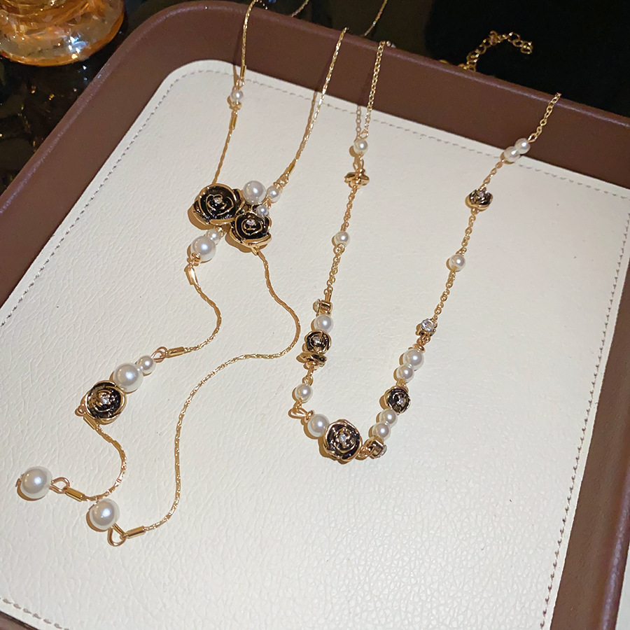 Vintage distressed rose flower pearl tassel necklace, retro fashion design collarbone chain, layered neck accessory - view 8
