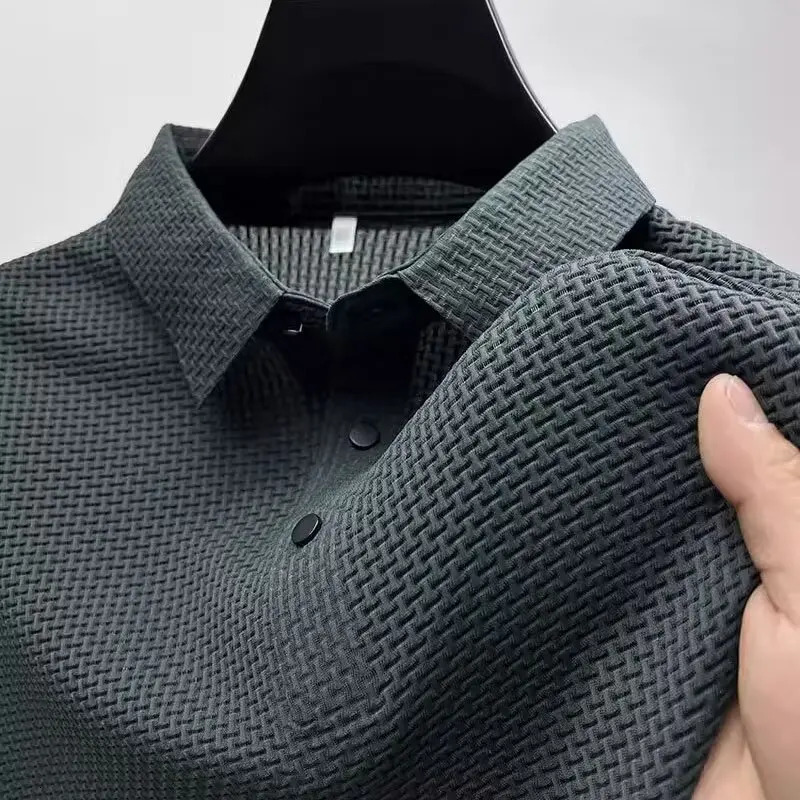 Summer Mens Lop-up Hollow Short-sleeved Polo Tee Shirt Ice Silk Breathable Business Fashion T-Shirt Male Clothes 260618CJ - view 5