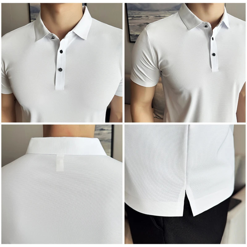 Ice Silk High Elastic Seamless T-shirt Summer Thin Polo Shirt Solid Color Polo Collar Short Sleeve Brown Top Business Leisure 260618CJ - view 6