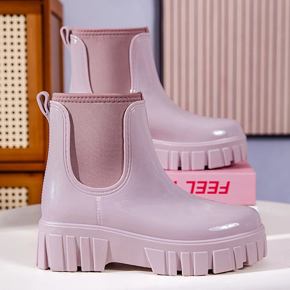 Fashion Rain Boots Shoes For Women PVC Solid Antislip Wearresistant Thick Soled Low Cut High Top Round Toe Waterproof Water 260608banjia - view 7
