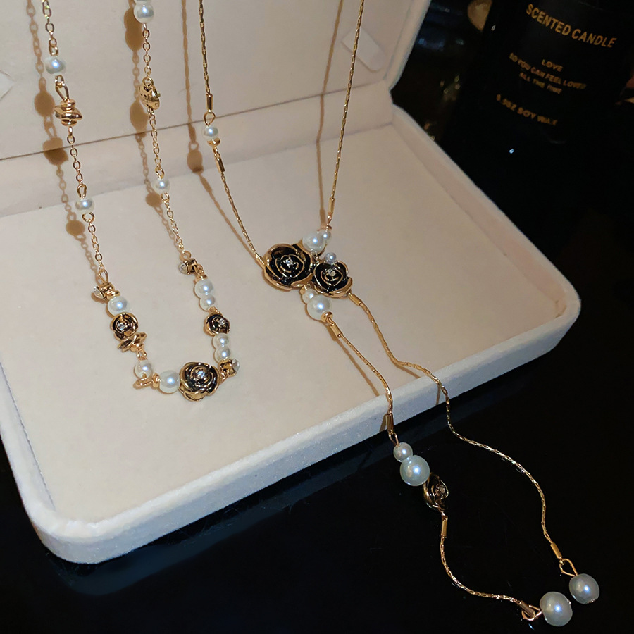 Vintage distressed rose flower pearl tassel necklace, retro fashion design collarbone chain, layered neck accessory - view 6