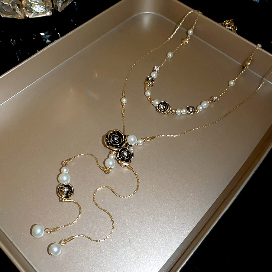Vintage distressed rose flower pearl tassel necklace, retro fashion design collarbone chain, layered neck accessory - view 7
