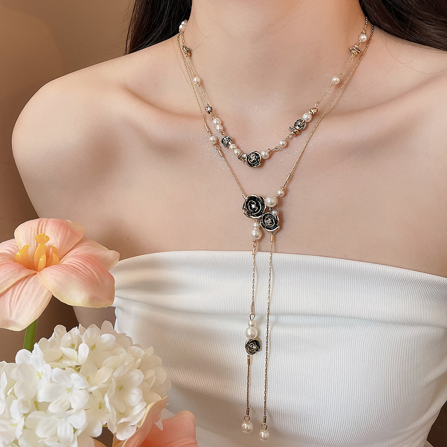 Vintage distressed rose flower pearl tassel necklace, retro fashion design collarbone chain, layered neck accessory - view 5
