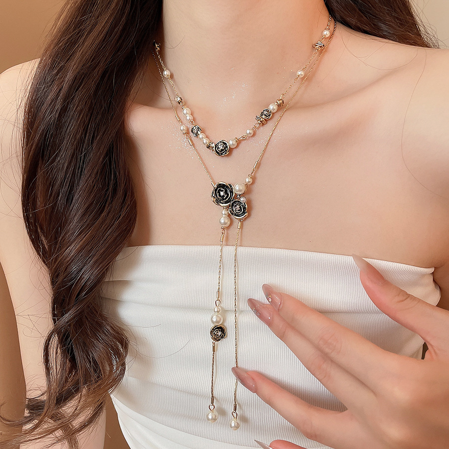 Vintage distressed rose flower pearl tassel necklace, retro fashion design collarbone chain, layered neck accessory - view 4