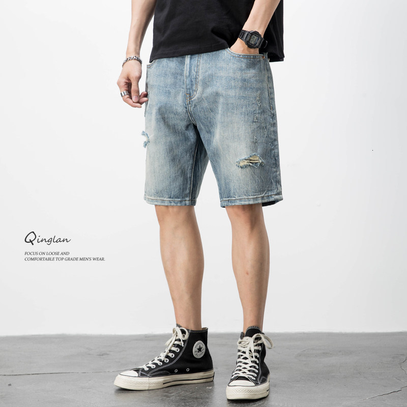Vintage Jeans Mens Shorts Mud Street Fashion Bermuda Pants Straight Loose Distressed Patchwork Denim Shorts 241015