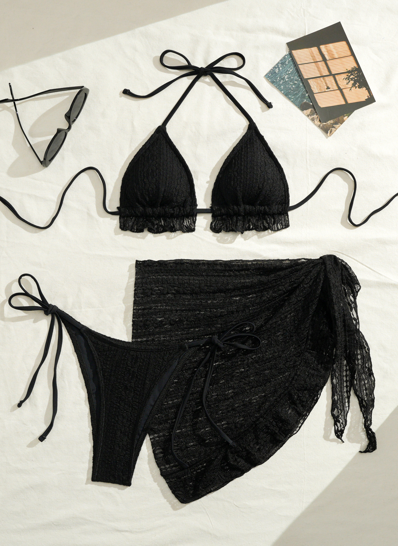 New sexy bikini three piece gauze skirt swimsuit bikini neck hanging solid color swimsuit 250306