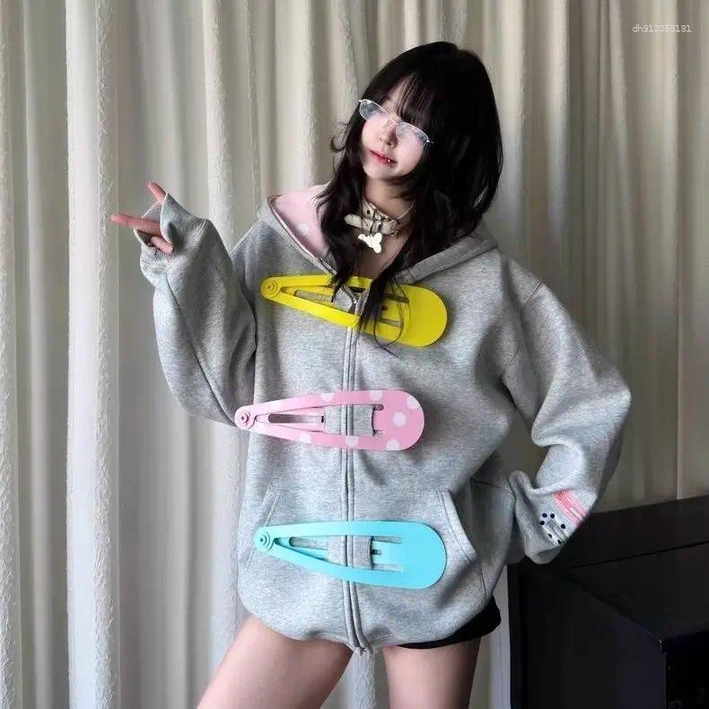 Women's Hoodies Fun Design Cute Hairpin Hooded Jacket Niche Loose Easy-matching Couple's Hoodie Top Sweet Girl Grunge Kawaii Clothes