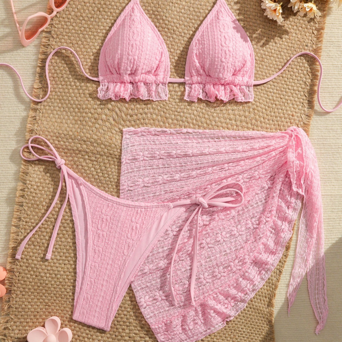 New sexy bikini three piece gauze skirt swimsuit bikini neck hanging solid color swimsuit 250306