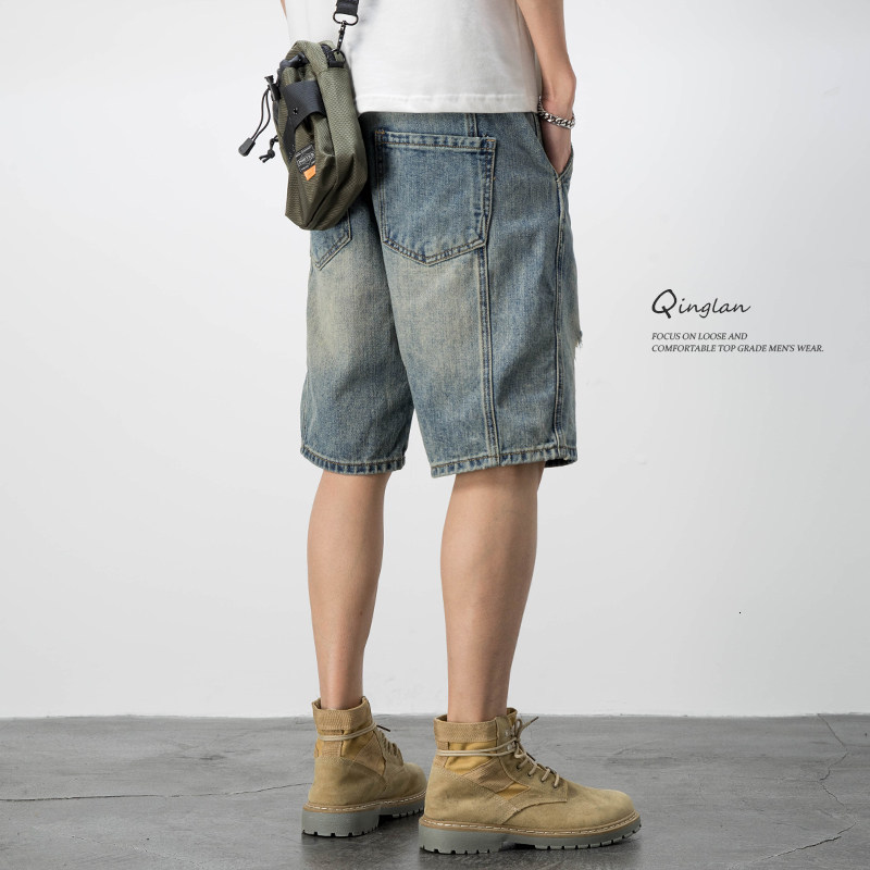Vintage Jeans Mens Shorts Mud Street Fashion Bermuda Pants Straight Loose Distressed Patchwork Denim Shorts 241015