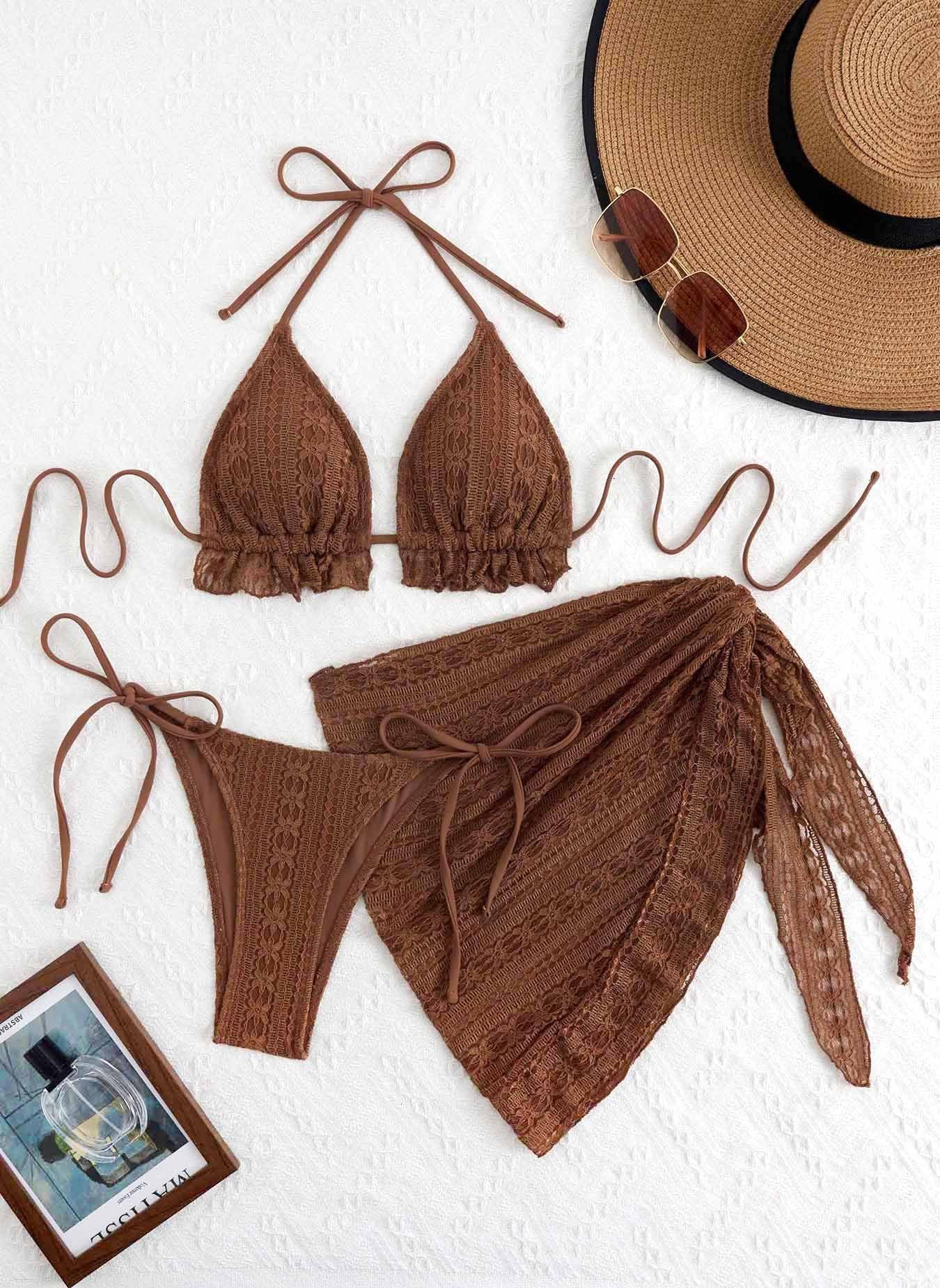 New sexy bikini three piece gauze skirt swimsuit bikini neck hanging solid color swimsuit 250306