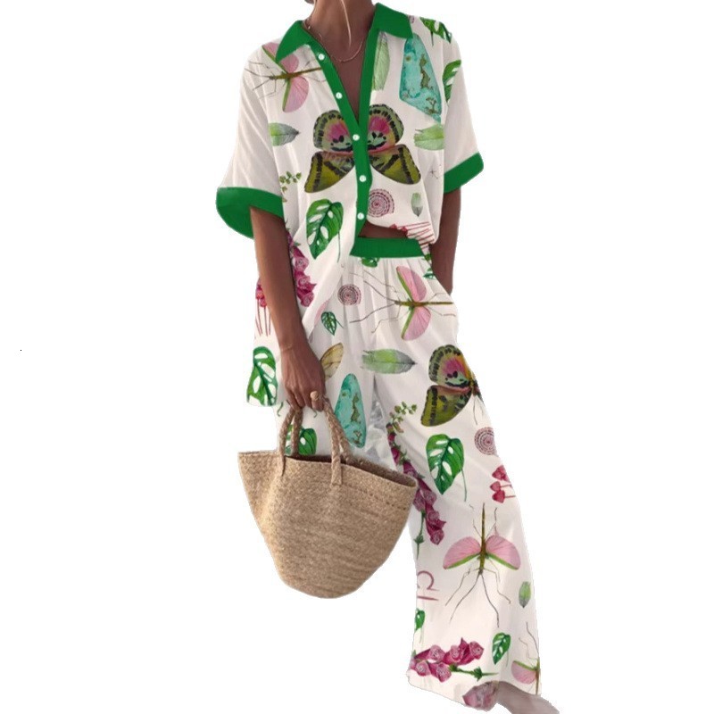 Vacation casual loose and relaxed resortstyle womens printed longsleeve shirt pants outfit 211105