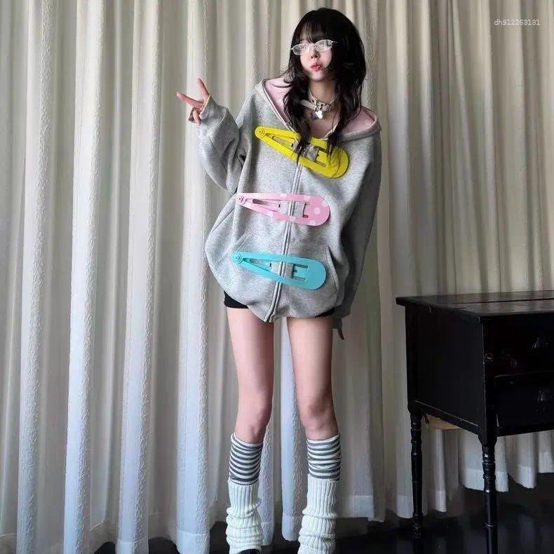 Women's Hoodies Fun Design Cute Hairpin Hooded Jacket Niche Loose Easy-matching Couple's Hoodie Top Sweet Girl Grunge Kawaii Clothes