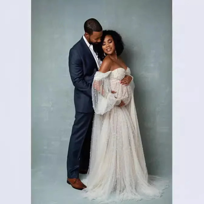 American European Maternity Dress Mesh Beaded Off-Shoulder Dress with Train Gown Pography Dress Pregnancy S261019 - view 4