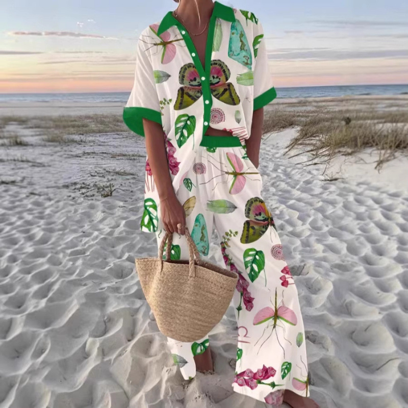Vacation casual loose and relaxed resortstyle womens printed longsleeve shirt pants outfit 211105