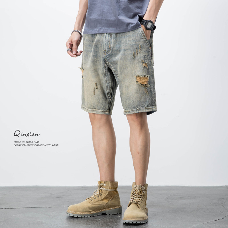 Vintage Jeans Mens Shorts Mud Street Fashion Bermuda Pants Straight Loose Distressed Patchwork Denim Shorts 241015