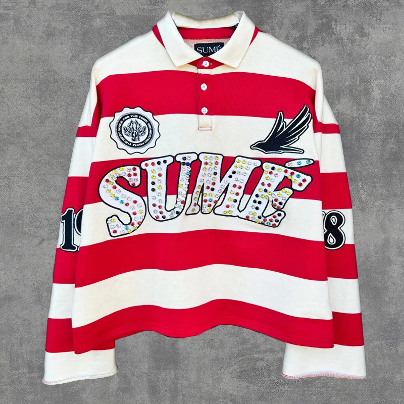 SUME Gothic Diamond Embroidery 2-piece Set Rugby Stripe Polo Shirt Y2K Retro Loose Shorts Classic Loose Long Sleeve Men Clothing 260707