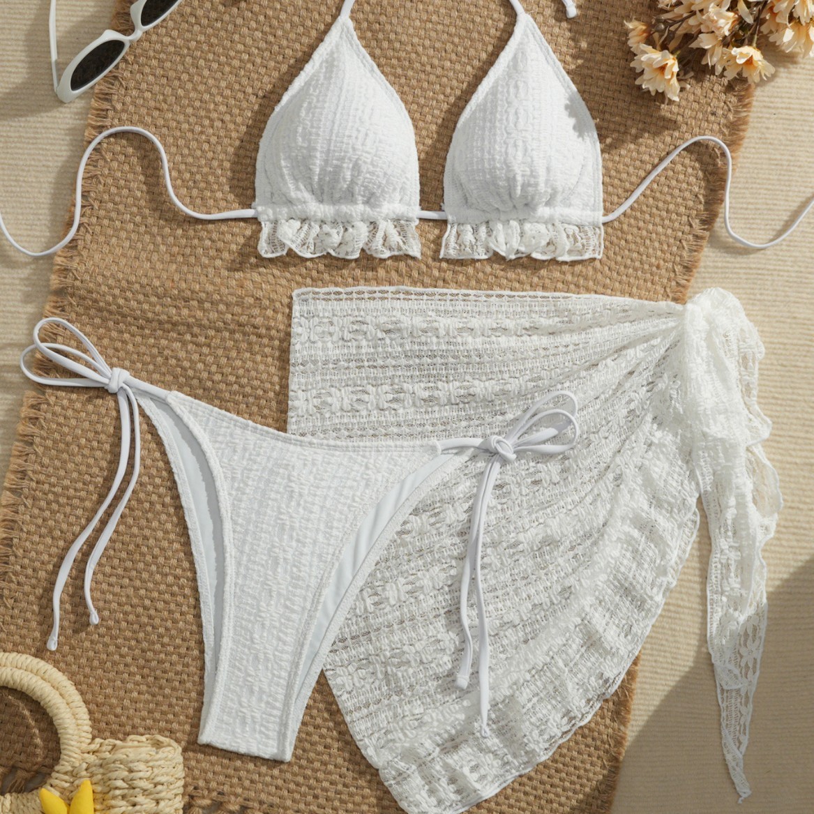 New sexy bikini three piece gauze skirt swimsuit bikini neck hanging solid color swimsuit 250306