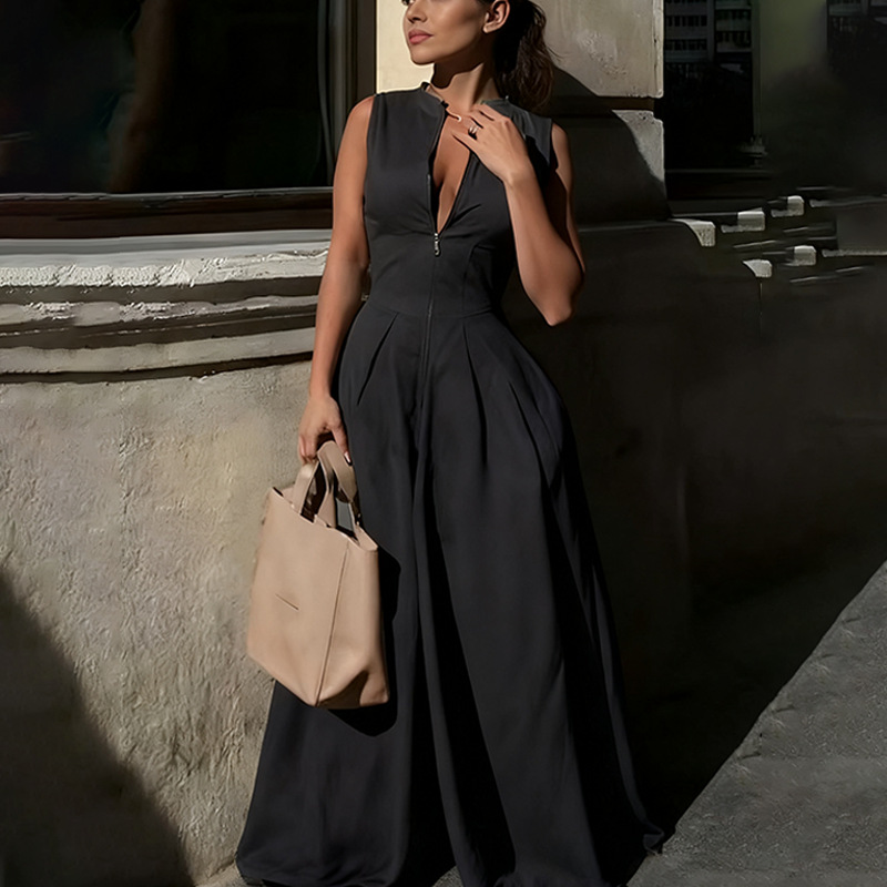 Women's Jumpsuits Solid Color Sleeveless Zip Up Palazzo Jumpsuit Loose High Waist Wide Leg Pockets Elegant Party Office Overalls 2026