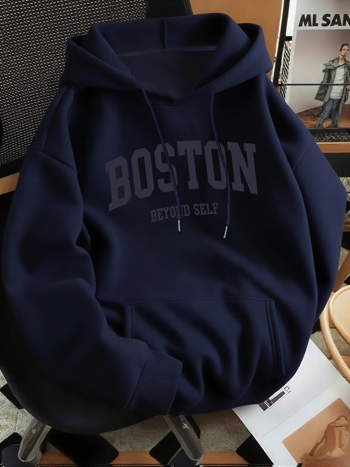 Mens Bostoninspired letter print premium retro hooded sweatshirt regular fit collar solid color graphic y260618 - view 4