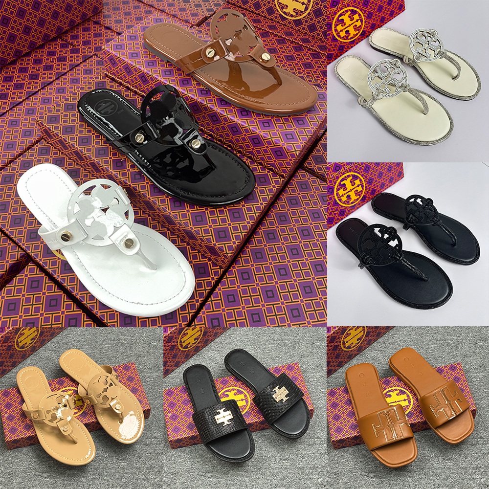 with box toryer burchyer designer shoes women sandals famous slides beach slippers lacquer leather flip flops shoes summer sandals luxury black white slippers