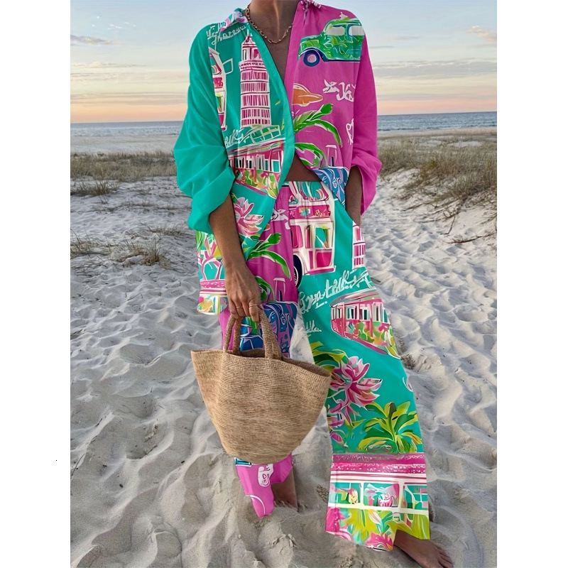 Vacation casual loose and relaxed resortstyle womens printed longsleeve shirt pants outfit 211105