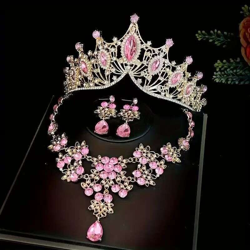 European and American bridal crown necklace and earrings three-piece set, wedding dress accessories, rhinestone light luxury wedding jewelry set - view 5