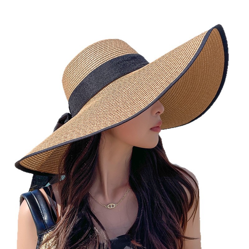 Women's Seaside Bow Beach Hat Oversize Straw Hat Summer Sun Block Big Brim Hat For Sun Protection 260615