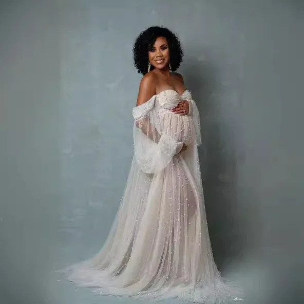 American European Maternity Dress Mesh Beaded Off-Shoulder Dress with Train Gown Pography Dress Pregnancy S261019 - view 3