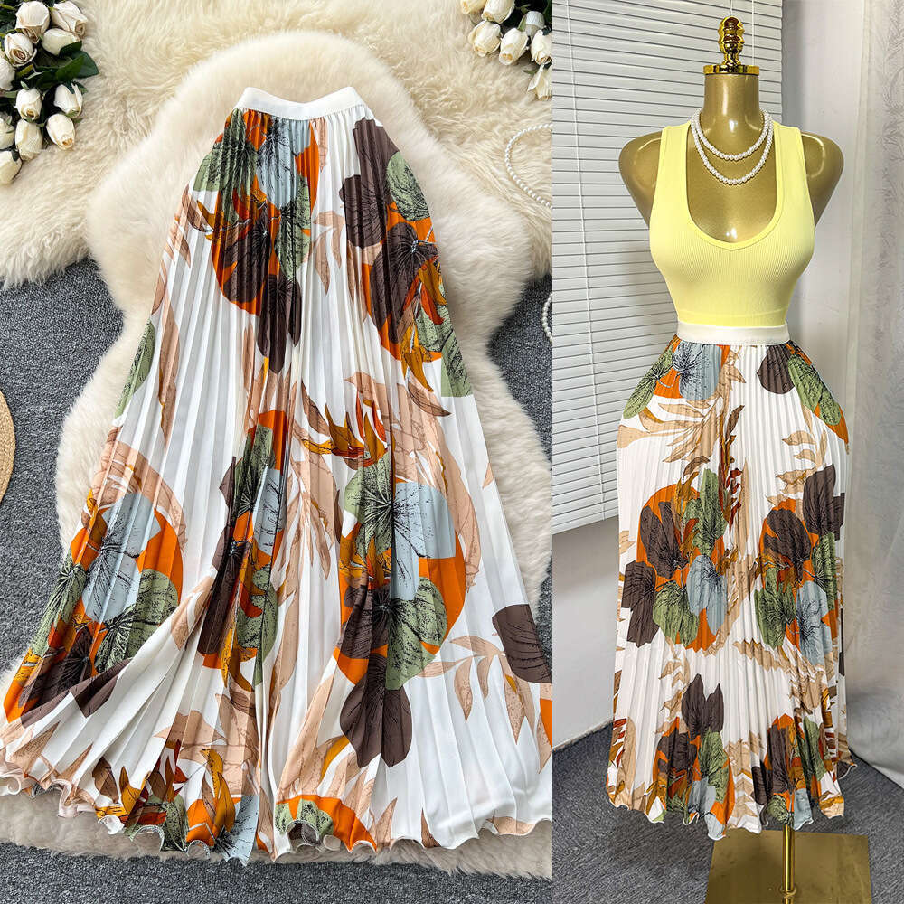 2026 New Summer Women Temperament Vintage All-match Skirt High Waist Printing Medium Length A-line Pleated Big Skirt Skirt - view 4
