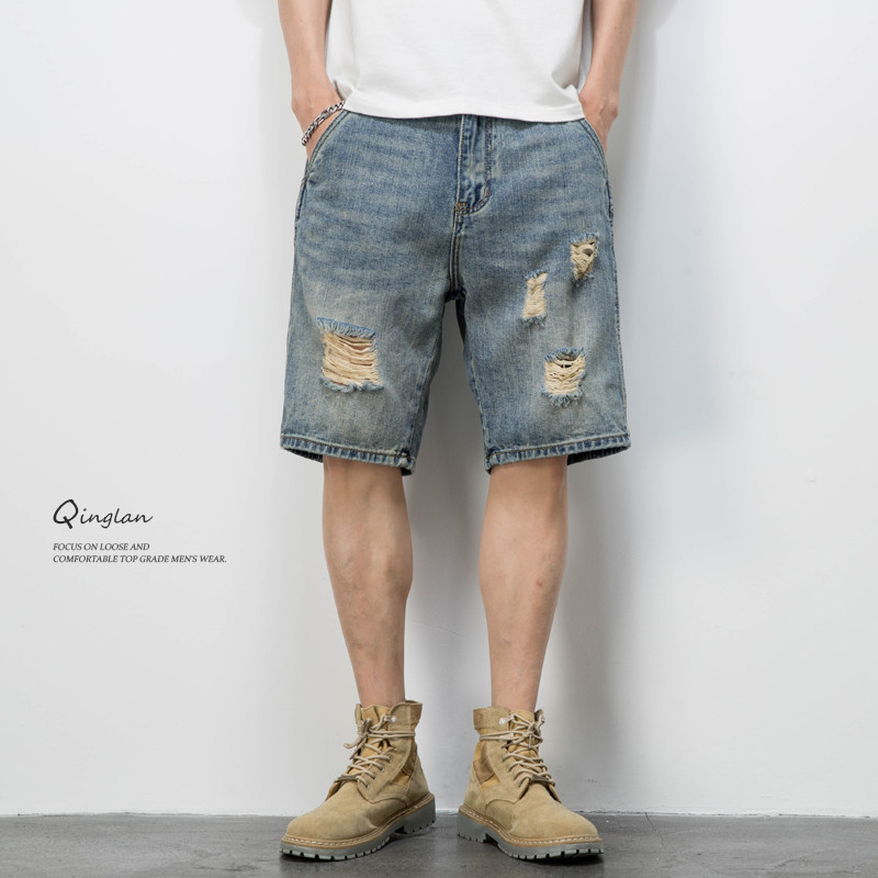 Vintage Jeans Mens Shorts Mud Street Fashion Bermuda Pants Straight Loose Distressed Patchwork Denim Shorts 241015
