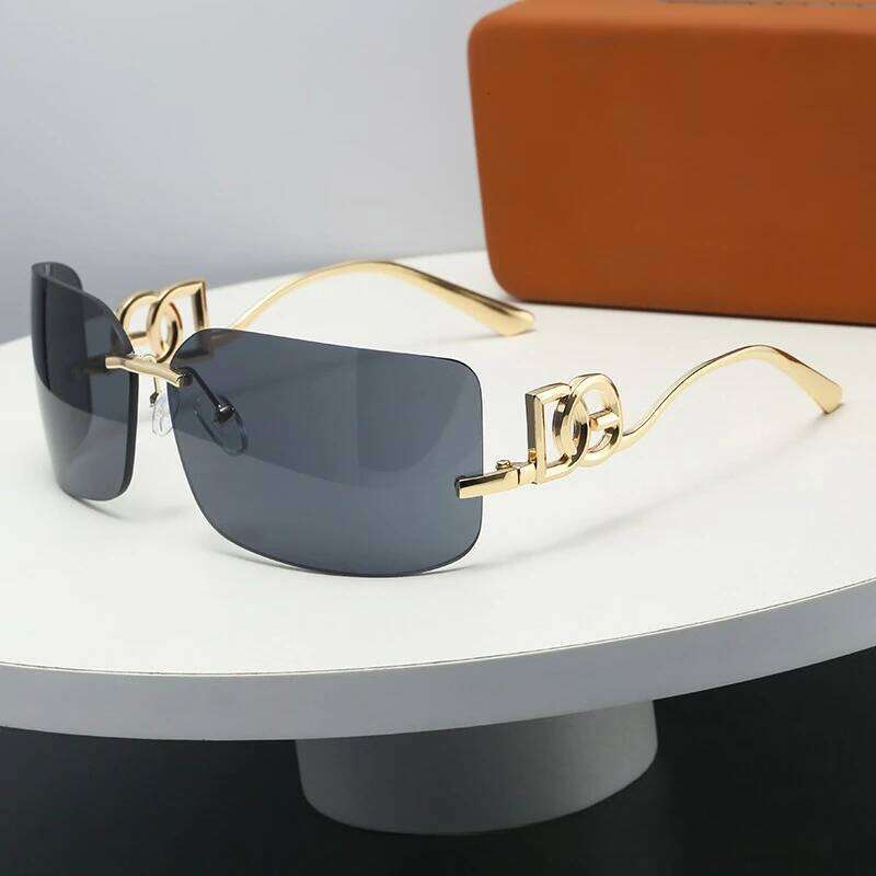Rimless Square Sunglasses Women Men Gold Metal Temple Uv400 Protection Sun Glasses Trendy Fashion Shades For Street Style