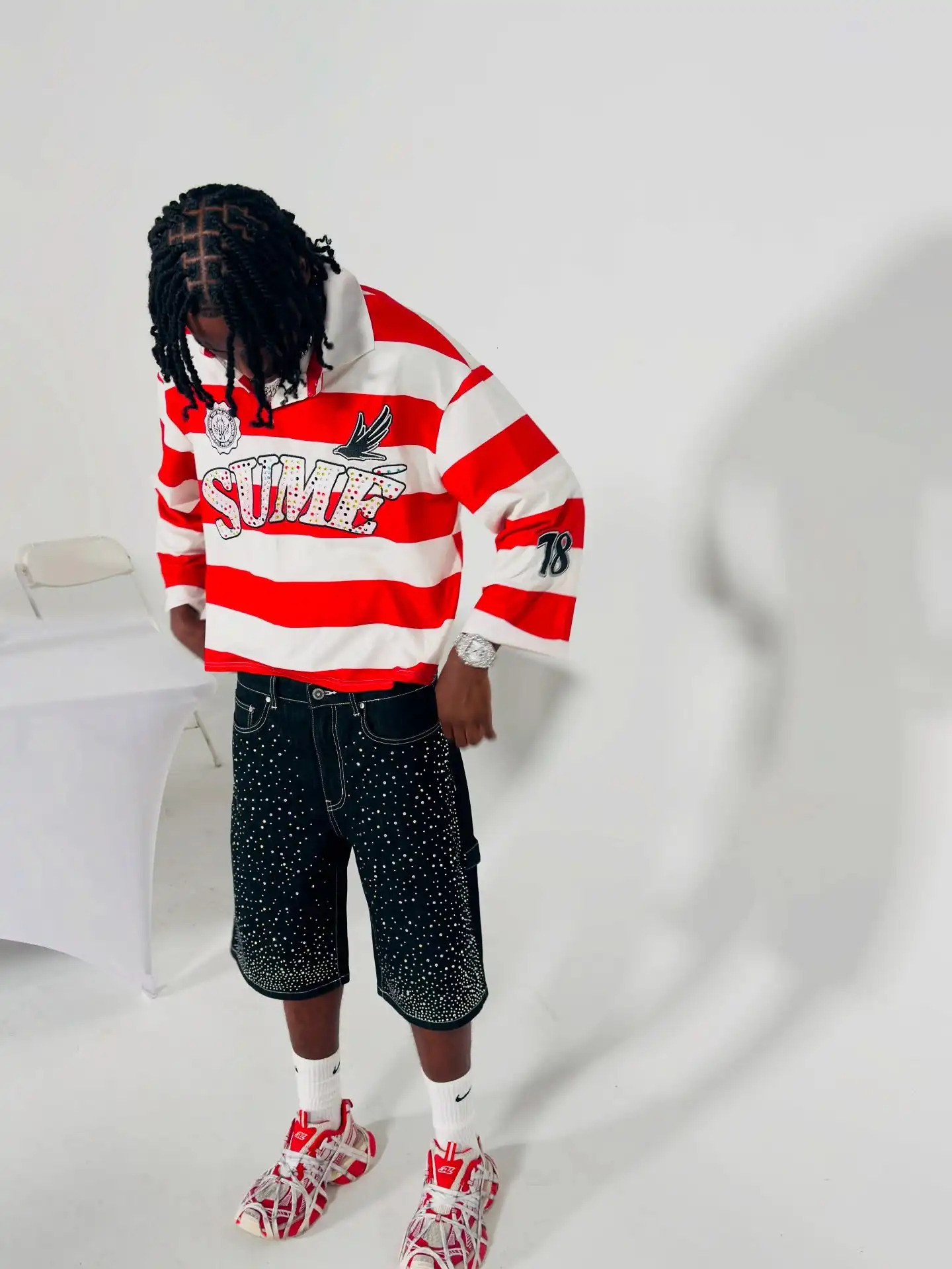 SUME Gothic Diamond Embroidery 2-piece Set Rugby Stripe Polo Shirt Y2K Retro Loose Shorts Classic Loose Long Sleeve Men Clothing 260707