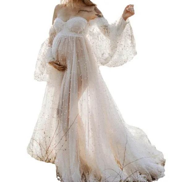 American European Maternity Dress Mesh Beaded Off-Shoulder Dress with Train Gown Pography Dress Pregnancy S261019 - view 6