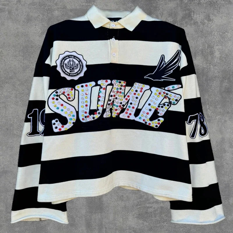 SUME Gothic Diamond Embroidery 2-piece Set Rugby Stripe Polo Shirt Y2K Retro Loose Shorts Classic Loose Long Sleeve Men Clothing 260707