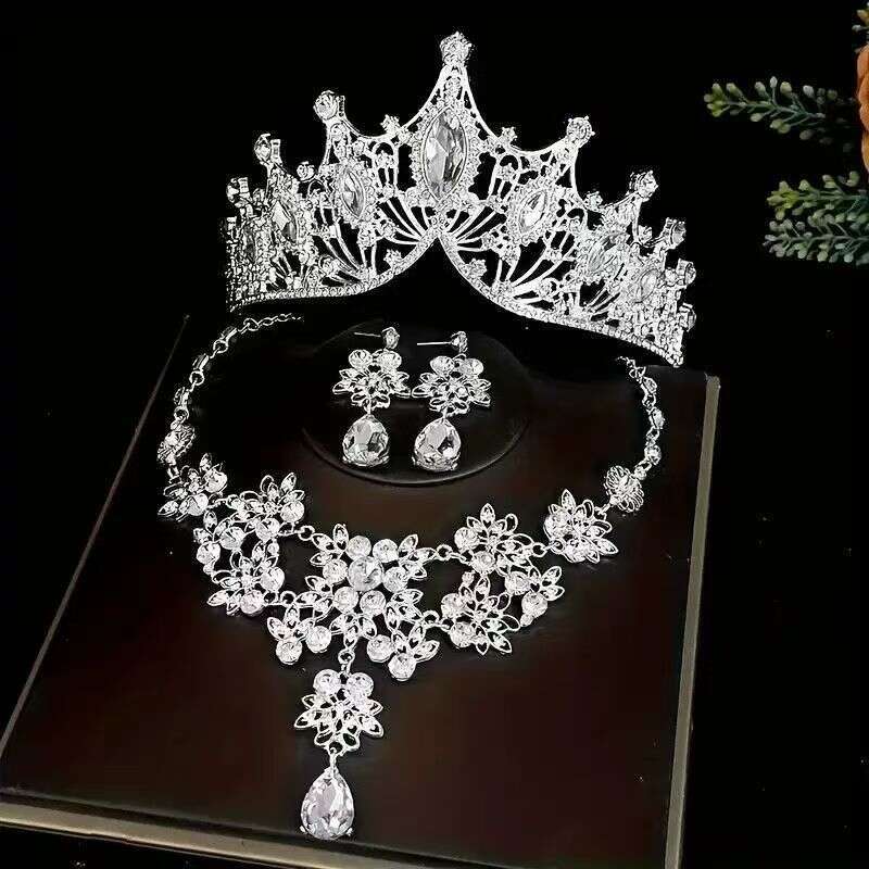 European and American bridal crown necklace and earrings three-piece set, wedding dress accessories, rhinestone light luxury wedding jewelry set - view 4