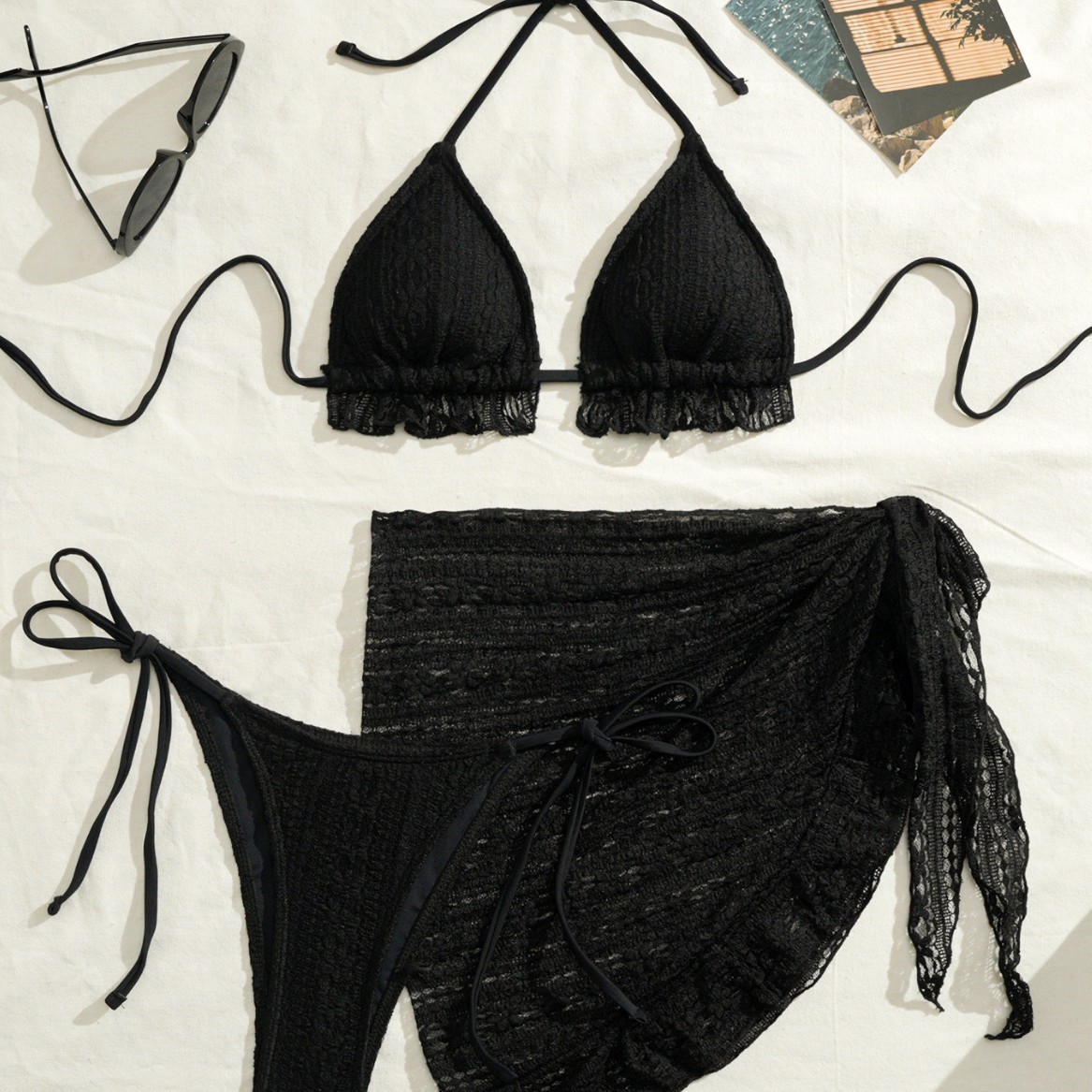 New sexy bikini three piece gauze skirt swimsuit bikini neck hanging solid color swimsuit 250306