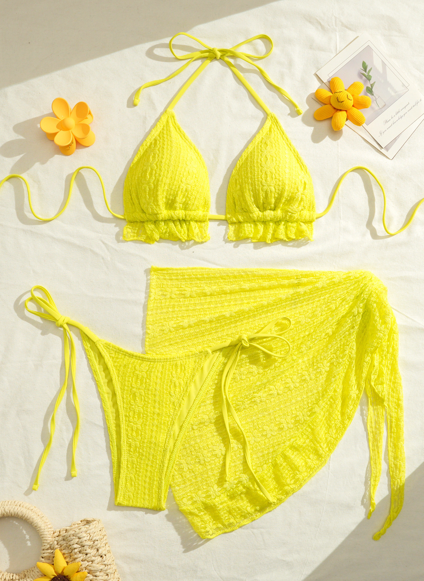 New sexy bikini three piece gauze skirt swimsuit bikini neck hanging solid color swimsuit 250306