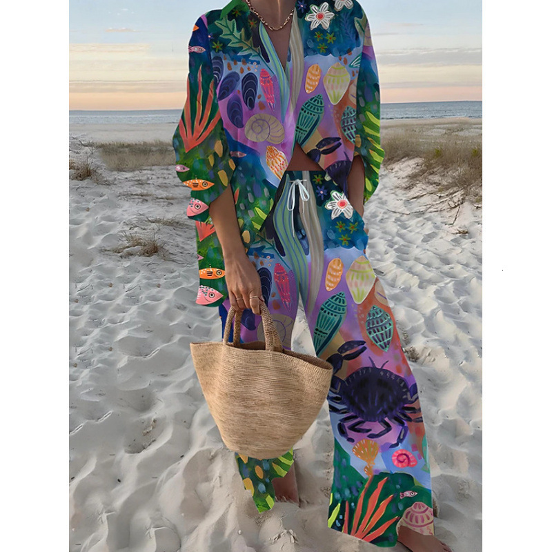 Vacation casual loose and relaxed resortstyle womens printed longsleeve shirt pants outfit 211105