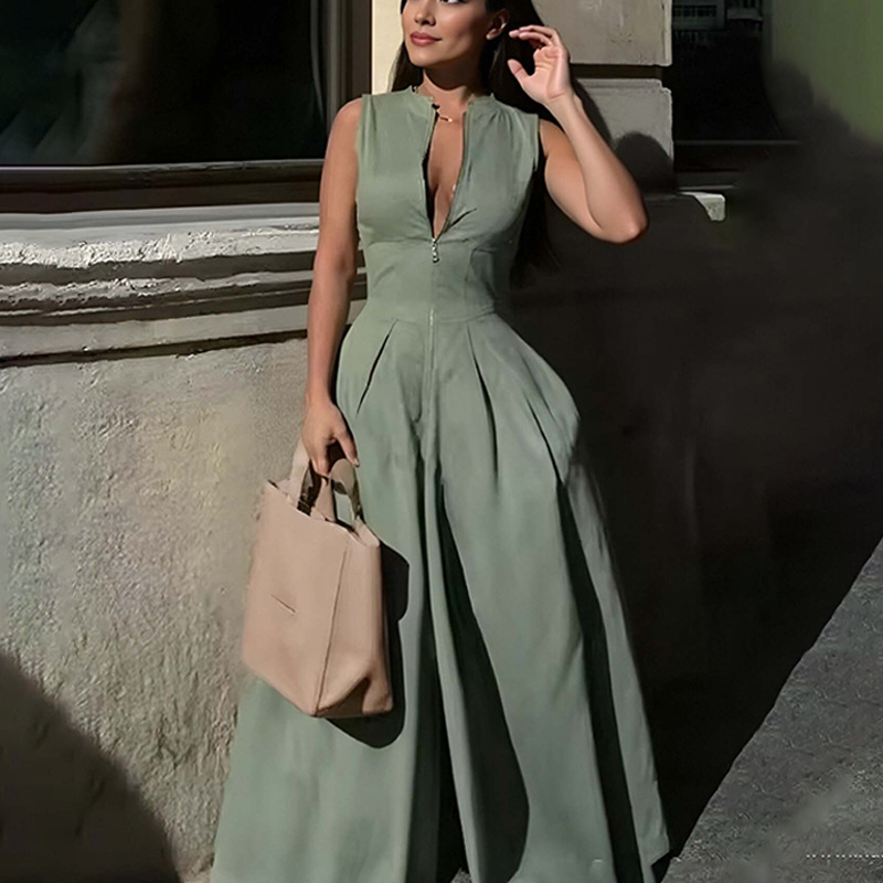Women's Jumpsuits Solid Color Sleeveless Zip Up Palazzo Jumpsuit Loose High Waist Wide Leg Pockets Elegant Party Office Overalls 2026