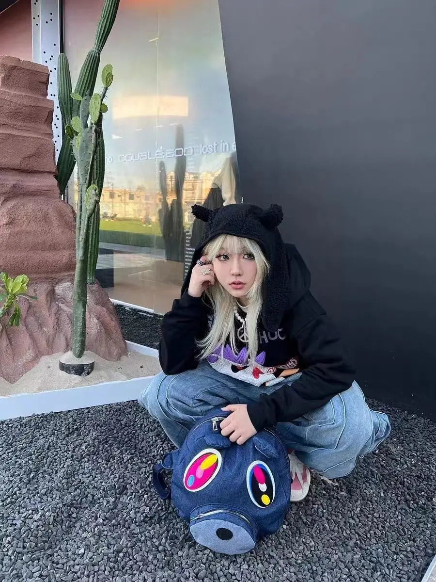 Y2k Bear Backpacks Unisex Denim School Bags Large Capacity Pu Leather Travel Bag Gothic Hiphop Fashion Backpack Korean Cool y260611 - view 3
