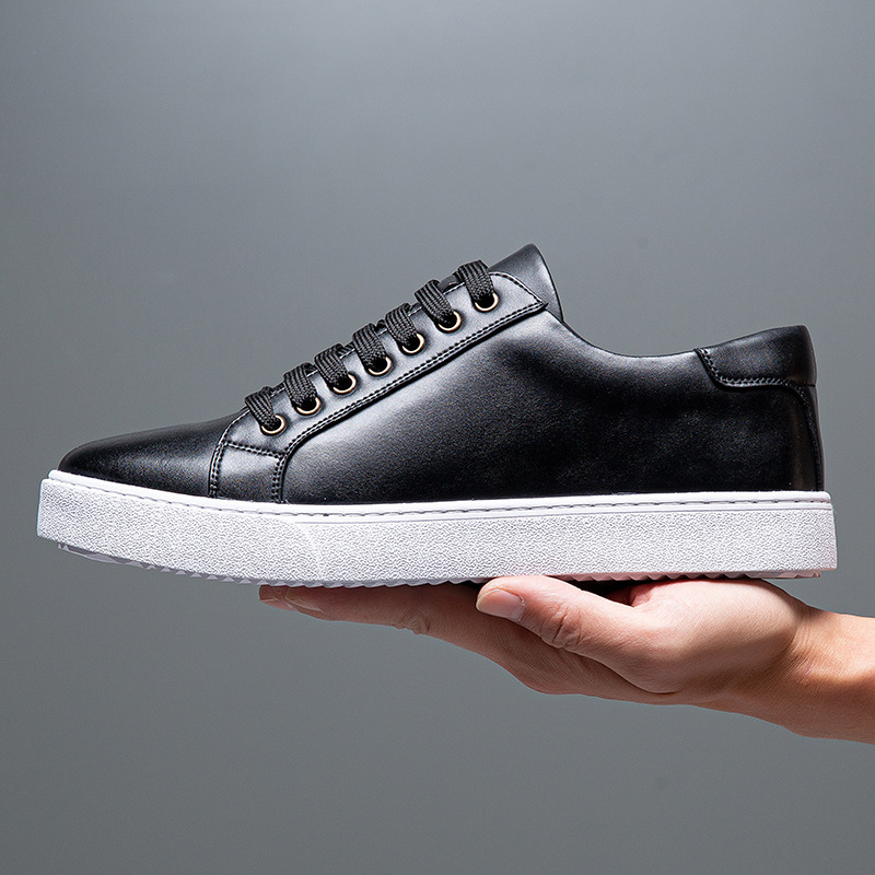 Luxury Shoes 2026 Men Full Grain Leather Skate Sneakers, Black White Sole Lace Up Business Casual Walking Shoes