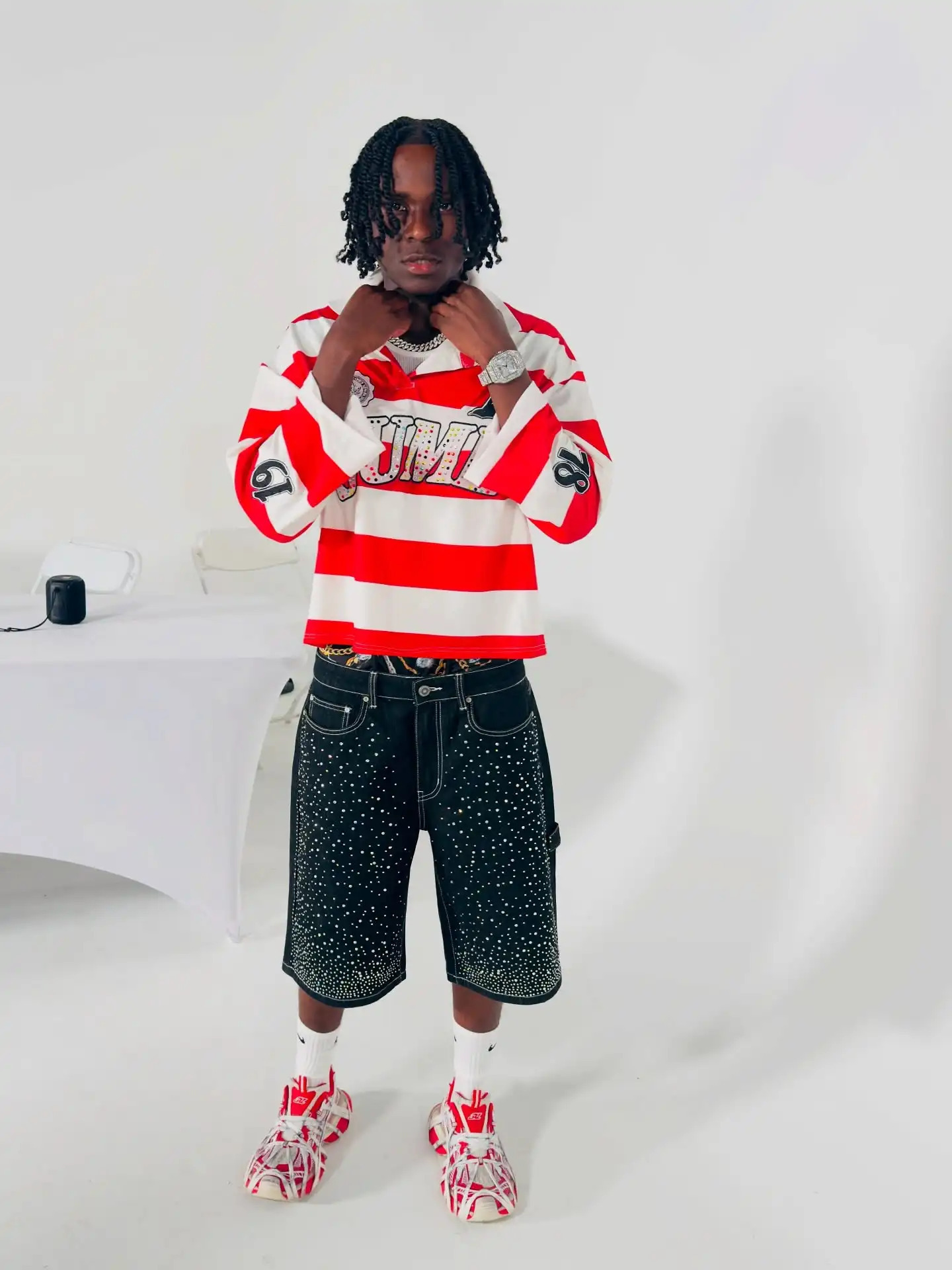 SUME Gothic Diamond Embroidery 2-piece Set Rugby Stripe Polo Shirt Y2K Retro Loose Shorts Classic Loose Long Sleeve Men Clothing 260707