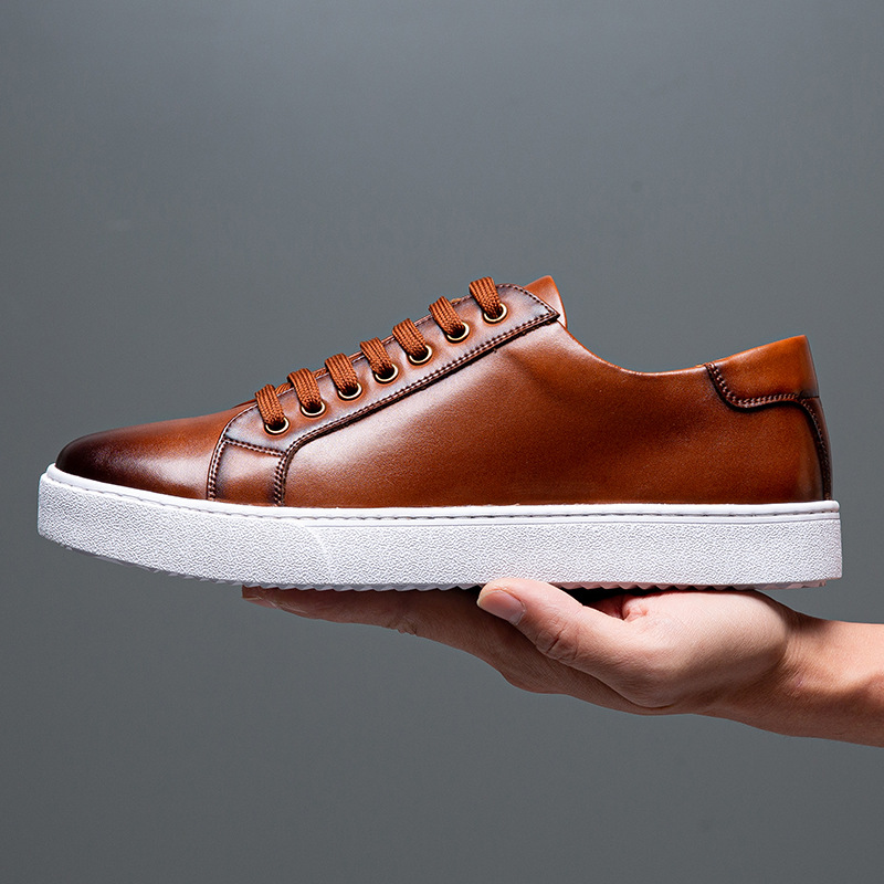 Luxury Shoes 2026 Men Full Grain Leather Skate Sneakers, Black White Sole Lace Up Business Casual Walking Shoes