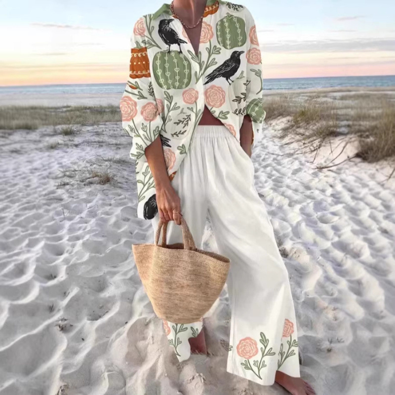 Vacation casual loose and relaxed resortstyle womens printed longsleeve shirt pants outfit 211105