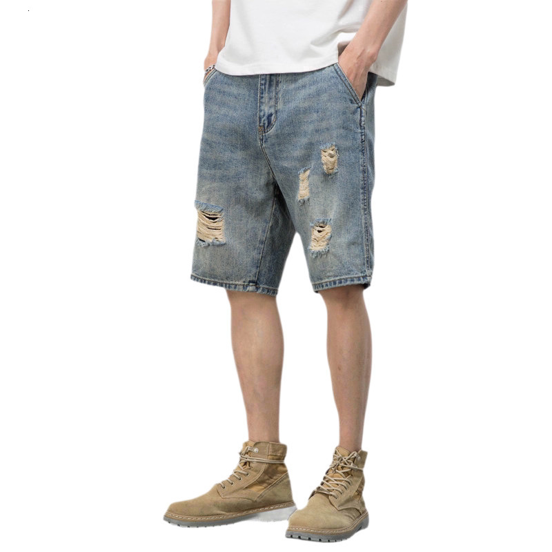 Vintage Jeans Mens Shorts Mud Street Fashion Bermuda Pants Straight Loose Distressed Patchwork Denim Shorts 241015