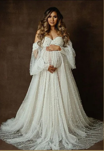 American European Maternity Dress Mesh Beaded Off-Shoulder Dress with Train Gown Pography Dress Pregnancy S261019 - view 7